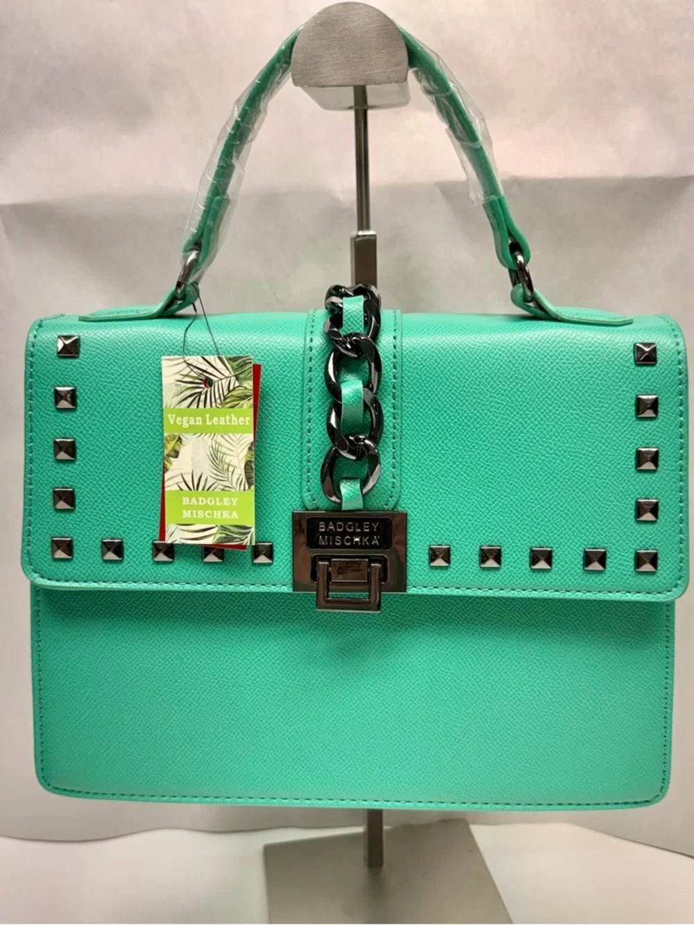 Badgley Mischka Mint Green Vegan Leather Studded Top-Handle Satchel NWT